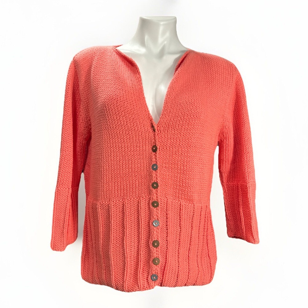 Pure Handknit Cardigan M/L Coral Pink Chunky Knit Silver/Wooden‎ Buttons